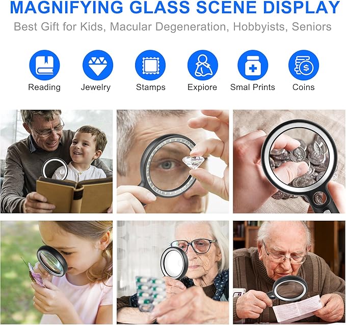 Magnifying Glass with 30 LED Lights, 10X 20X 45X Handheld Illuminated Lighted Magnifier with 1UV Light for Seniors Reading, Inspection, Coins, Jewelry, Exploring Light Magnifying Glass