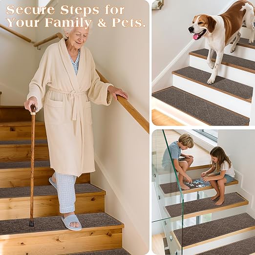 Stair Treads for Wooden Steps 18 PCS Non Slip Stair Rugs Brown | 8x30in Self-adhesive Stair Runner Strips, Machine Washable, Indoor Carpet for Stairs, Stair Protection for Kids Pets Elderly