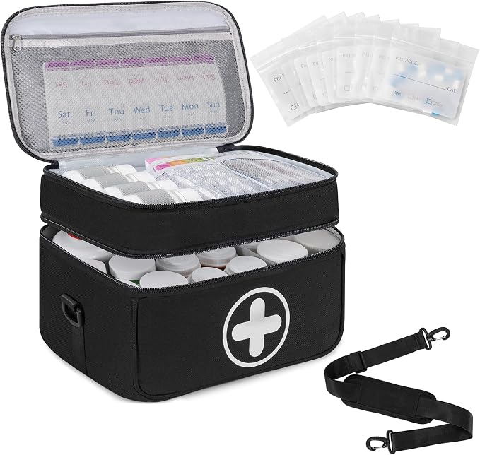 Medicine Organizer Bag with 100 Small Pill Bags, Pill Bottle Bag | 2 Layer Lockable Medicine Travel Bag with Adjustable Divider, Suitable for Pills, Vitamins, Fish Oil,Medical Supplies