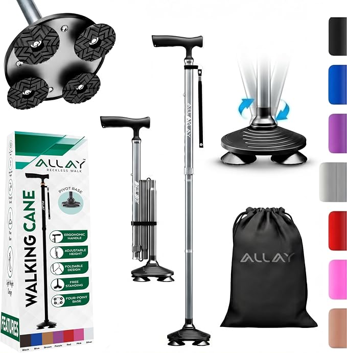 Allay Walking Canes for Men & Women - Adjustable Canes for Women for Stability, Self Standing Wide Quad Pivot Base, Light Weight, Soft Handle Grip and Travel Bag, Walking Sticks for Seniors