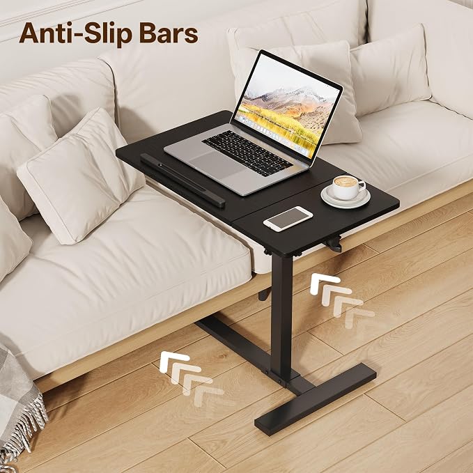 Overbed Table with Wheels Rolling, Adjustable Mobile Bedside Desk | Flip-Top, Laptop Table, C Shaped End Side Table for Couch, Sofa, Bed, Recliner and Home Use, Large Black