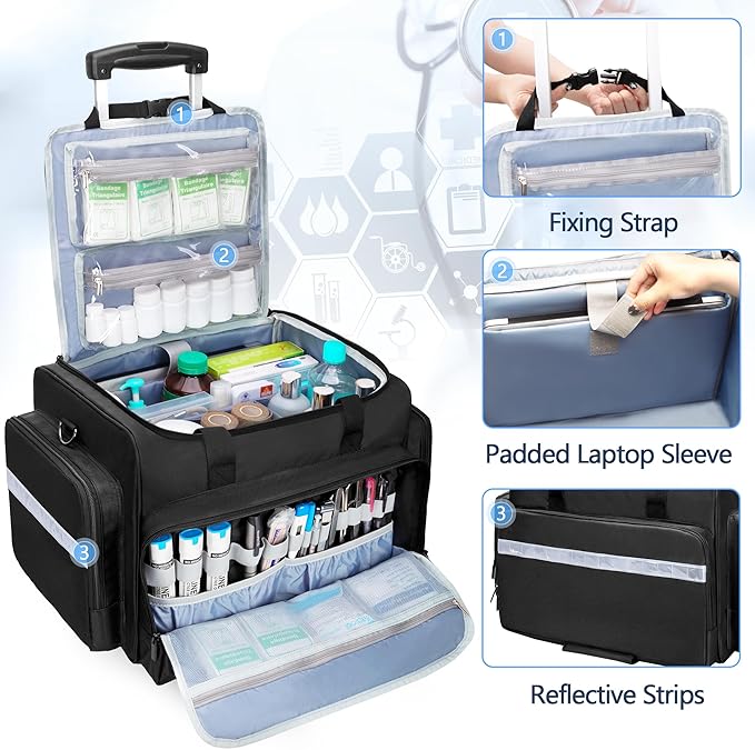 Damero Rolling Medical Bag with Detachable Trolley & Cover Fixed Strap | Medical Bag On Wheels with Inner Dividers, Bottom Support Board, Shoulder Strap for Home Health Nurses, Doctors, EMT, EMS