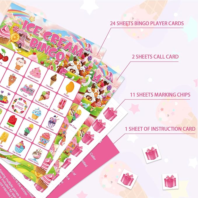 24 Players Ice Cream Bingo Cards, Sweet Ice Cream Bingo Game Cards Summer Party Games for Birthday Holiday Party Wedding School Classroom Group Activities Favors Supplies