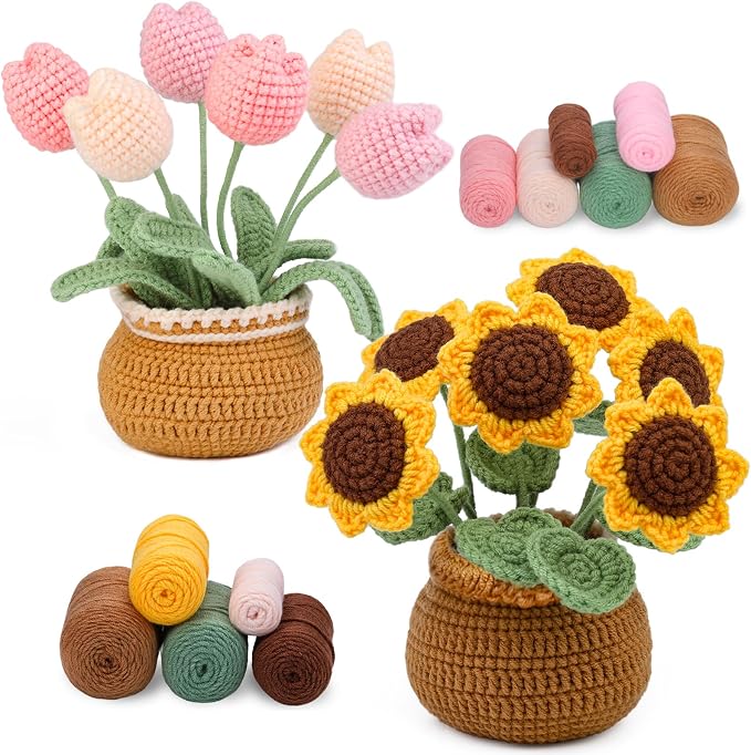 Crochet Kit, Tulip and Sunflower Crochet Kit for Beginners, Knitting Kit | Beginner Crochet Kit, Crochet Flower Kit with Step-By-Step Video Tutorials, Beginner Crochet Kit for Adults