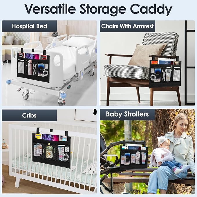 Bedside Caddy Storage Organizer, Hanging Storage Bag Pocket | Bunk/Hospital Beds, College Dorm Organizer for Remotes Phone,College Dorm,Camp,Bed Rails(4 Pockets),Black