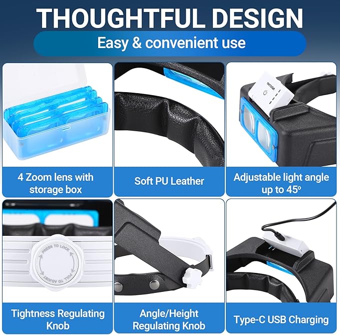 YOCTOSUN Magnifying Glasses with Light for Close Work, Rechargeable Headband Magnifier with 4 Lenses 1.5X-3.5X, Hands Free Head Magnifying Visor for Hobby, Jewelers, Reading, Crafts