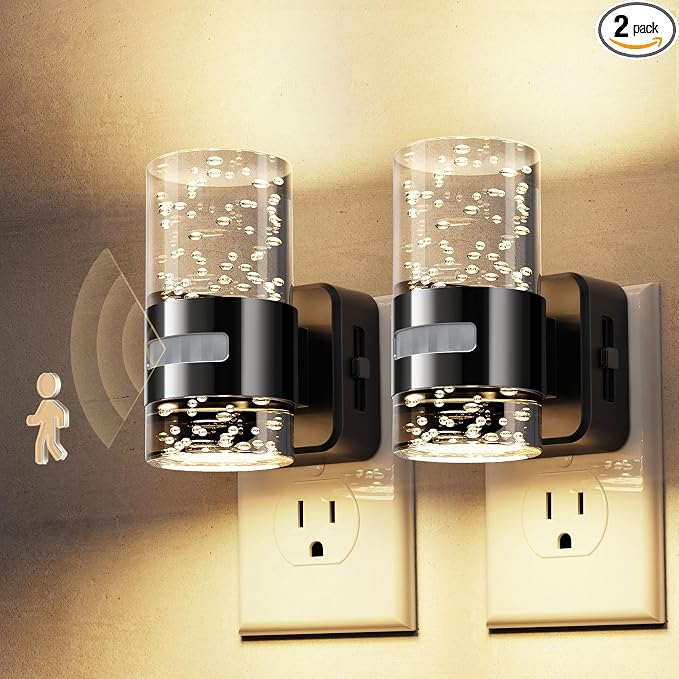 L LOHAS LED Motion Sensor Night Light,Dimmable Night Lights Plug into Wall | 2 Pack 3000K Night-Lights with 0-100 LM Adjustable, Acrylic Bubble Plug in Nightlights for Bathroom Hallway Nursery