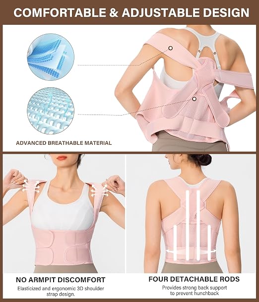 URSEXYLY Back Brace Posture Corrector for Women and Men, Breathable Shoulder Brace, Upper and Lower Back Pain Relief, Adjustable Full Back Support(Large,Pink)