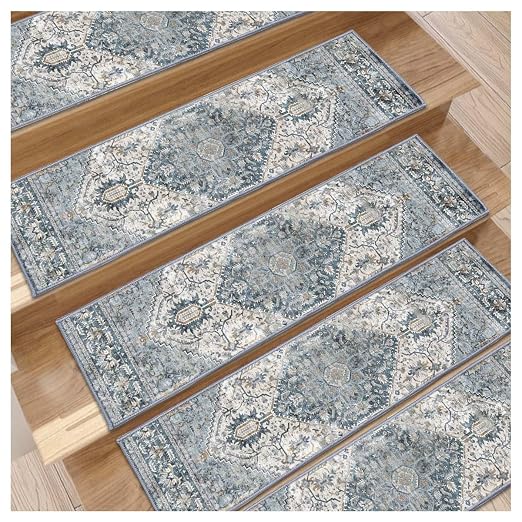 8”x 30” Carpet Stair, Anti-Slip Carpet Treads for Wooden Steps, Self-Adhesive Decorative Stair Runners, Slip-Resistant Treads for Indoor Wooden Staircases (4, Blue, 8X30 inch)