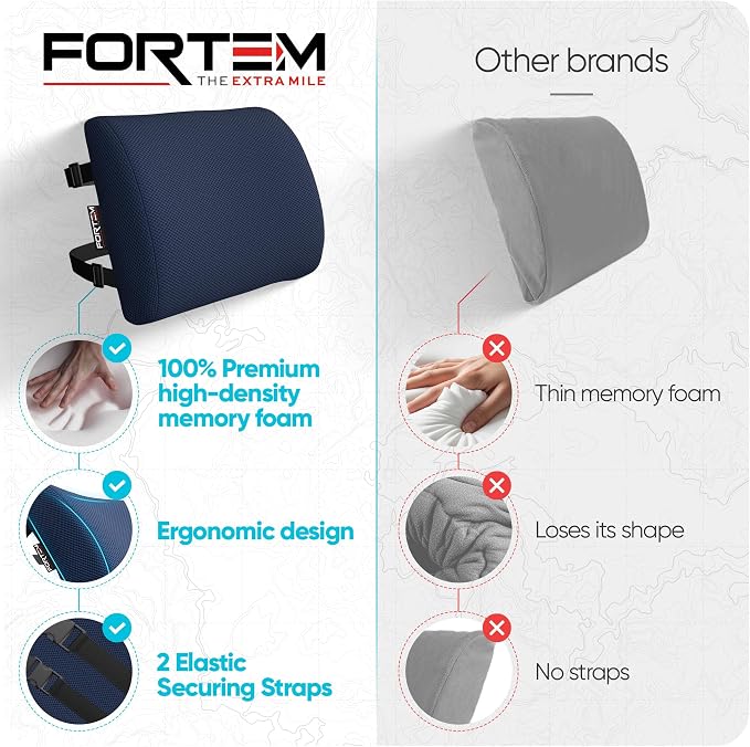 FORTEM Lumbar Support Pillow for Office Chair, Lumbar Support Pillow for Car, Back Rest for Gaming, Memory Foam Pillow, Desk Chair Cushion, Breathable & Washable Cover, Adjustable Straps