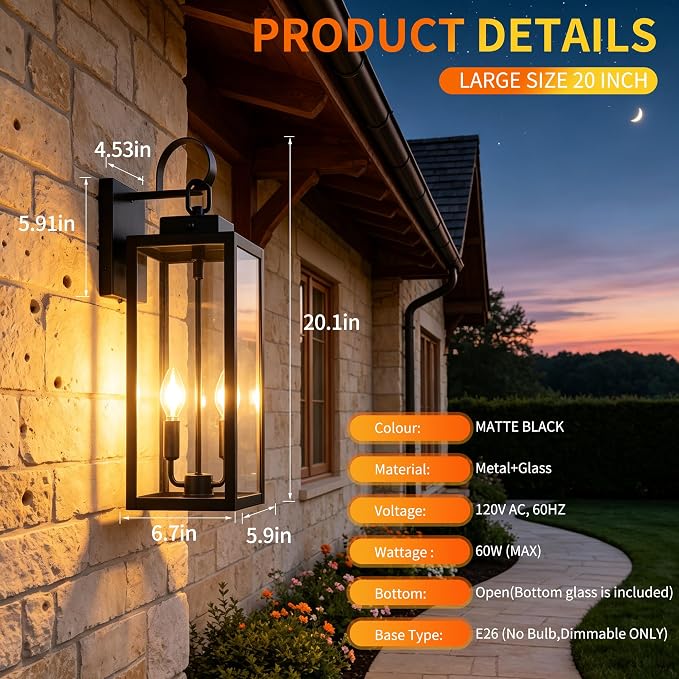 20 Inch Motion Sensor Dawn to Dusk Outdoor Sensor Light Fixture Anti-Rust Exterior Wall Lighting Waterproof Outdoor Wall Lantern for Porch Patio Front Door Garage