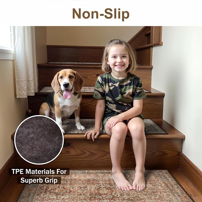 sarben 30"x30" Non Slip Stair Treads for Wooden Steps 1 Pack, Rust Brown | Peel and Stick Carpet Stair Runner with TPE Adhesive Backing, Carpet for Added Safety, Pet and Senior Friendly