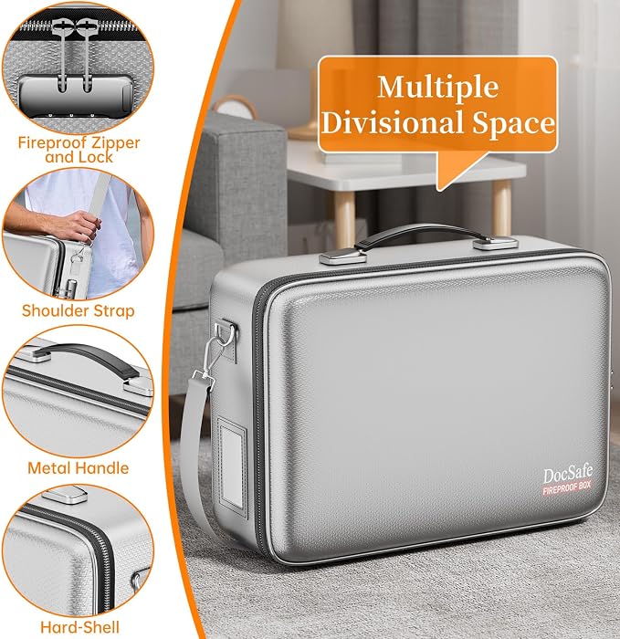 DocSafe Fireproof Document Box Hard Case with Lock ＆ Accordion File Folder | Fire and Water Resistant Safe Box,File Organizer,Multi-Pocket,Home Office Travel Storage for Important Document,Laptop,Silver