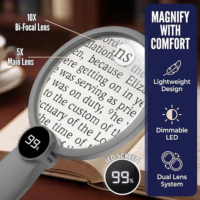 MAGNIPROS Hands-Free Magnifying Glass with Light for Seniors, 5X/10X Rechargeable GooseNeck Magnifier, 3 Color Light Modes, LCD Display, Reading, Sewing, Crafts