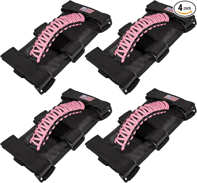 4 x Roll Bar Grab Handles Grip Handle for Jeep Wrangler JK JKU JL JLU TJ YJ Sport Sahara Freedom Rubicon Unlimited Gladiator JT 1955-2023 UTV ATV Premium Paracord Interior Accessories US Flag (Pink)