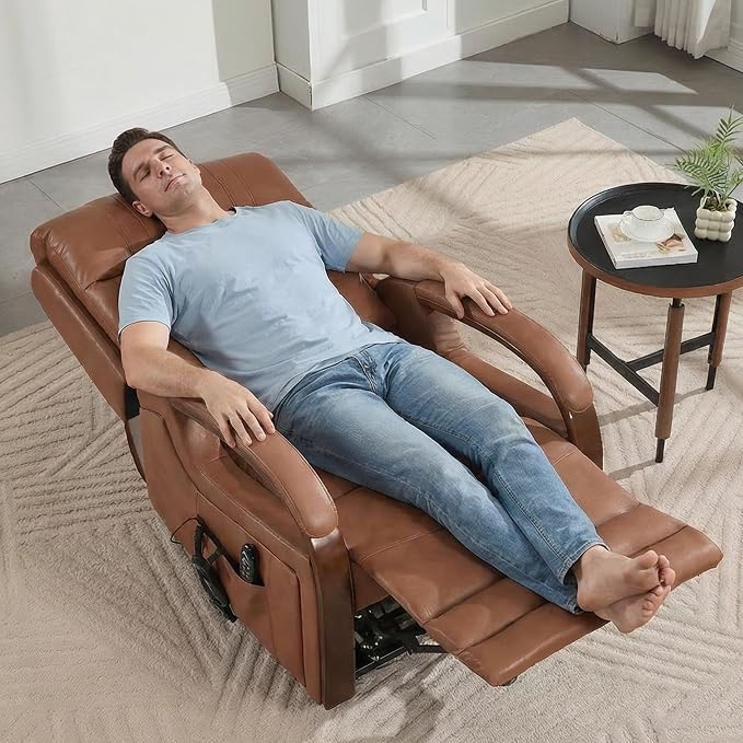 Power Lift Recliner Chair for Elderly People, Dual Motor Lift Chair with Vibration Massage and Heat, Lay Flat Recliner with Solid Wood Armrest, Standing Assistance Reclining, Faux Leather Yellow Brown