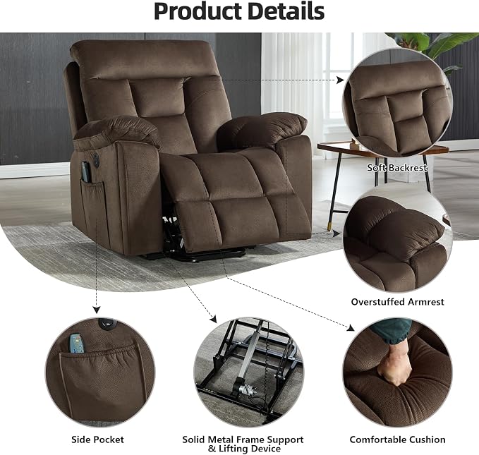 Large Power Lift Recliner Chair with Massage and Heat for Elderly Big and Tall People, Overstuffed Wide Recliners with 2 Cup Holders, Side Pocket and USB Port, Dark Brown