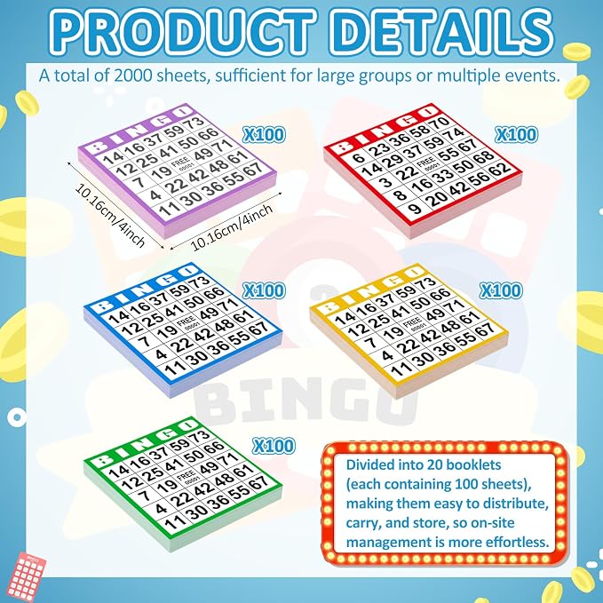 Harloon 500 Sheets Bingo Paper Game Cards 20 Books 4"x4" Disposable Cards Suit for Family Game Nights Large Groups Activities (Fresh Color)