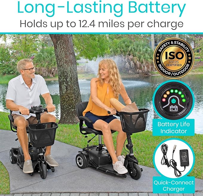 Vive 3 Wheel Mobility Scooter - Electric Powered Mobile Wheelchair Device for Adults - Folding, Collapsible and Compact for Travel - Long Range Power Extended Battery with Charger and Basket Included