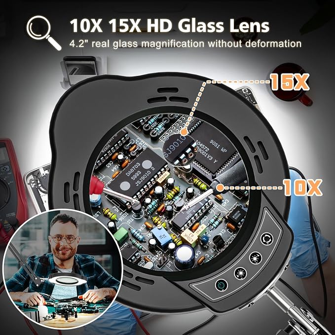 Magnifying Glass with Light and Clamp, 15X 10X Desk Magnifying Lamp, 84 LED Real Glass Lens Magnifier, 5 Color Modes Stepless Dimmable, Adjustable Hands Free Table Lamp for Repair Crafts Hobby Sewing