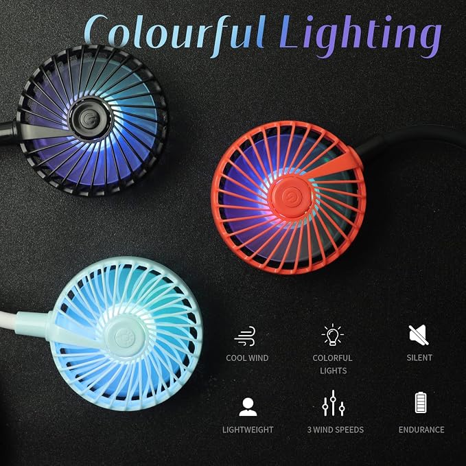 VAGAU Portable Cooling Neck Fan, Rechargeable USB Personal Neck Fan Pink | with Colorful LED lights, 360° Rotation, Wearable Neck Fan Air Conditioner for Office Travel Sport, 3 Adjustable Speeds