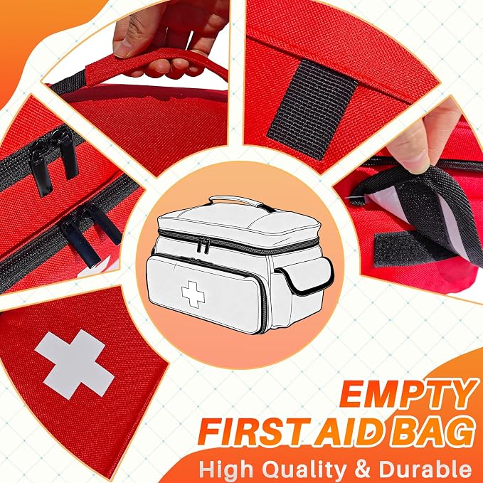 First Aid Bag Empty 12" x 9" x 7" Red Medical Bag Red Pill Bottle Organizer Portable Emergency Bag Travel Medicine Kit Storage Case First Aid Box for Car, Home, Office, Dorm, Outdoor (Small)