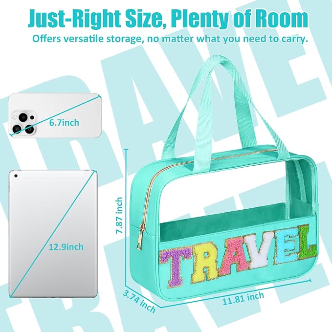 BuyCard Chenille Letter Patch Clear Travel Bags, Preppy PVC&Nylon Makeup Bag with Handle and Zipper, Waterproof Large Clear Travel Toiletry Bag Storage Bag for Women Girls