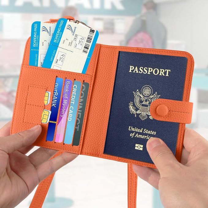 Passport Holder RFID Protected Wallet and Luggage Tag with Protection Cover Travel Accessories Leather Card Case Organizer for Women Men (Orange)