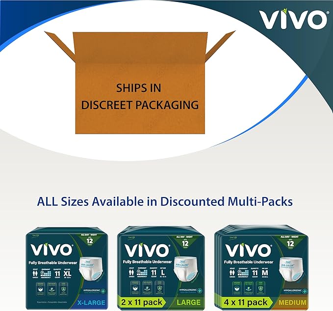 VIVO Organic Cotton Sensitive Skin Overnight Adult Incontinence Pullup Underwear, Women & Men, Large 44 Count