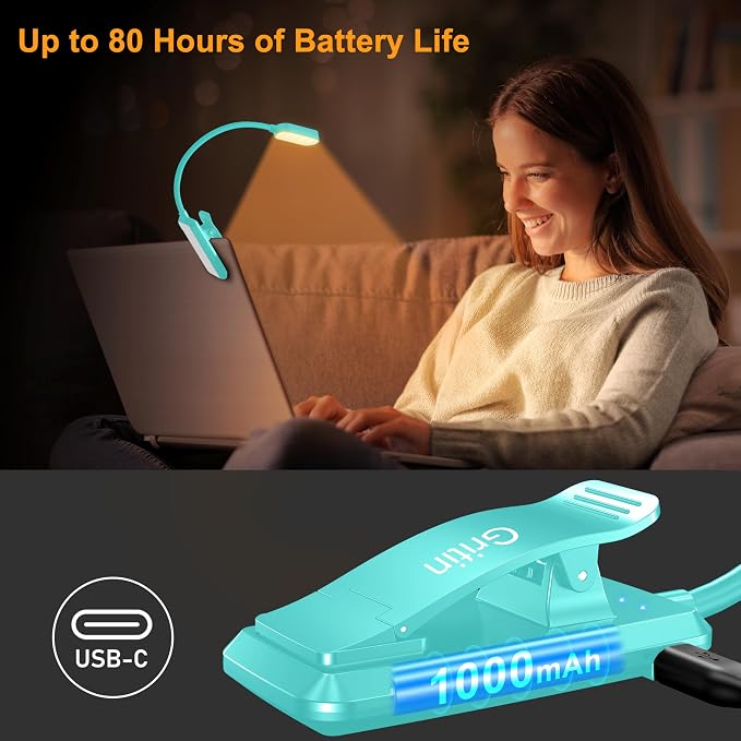 Gritin 16 LED Rechargeable Book Light for Reading in Bed | Eye Caring 3 Color Temperatures, Stepless Dimming Brightness, 80 Hrs Runtime, Lightweight Flexible Clip on Light-Blue