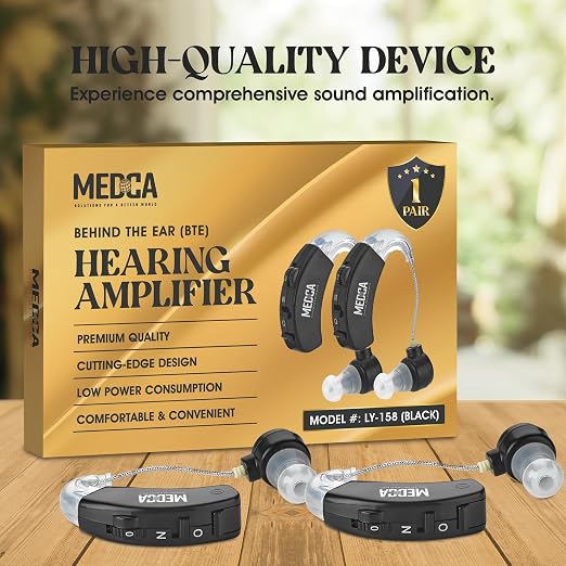 Behind the Ear Sound Amplifier - BTE Hearing Ear Amplification Device and Digital Hearing Aids for Seniors PSAD for the Hard of Hearing, Noise Reducing, Black, By MEDca