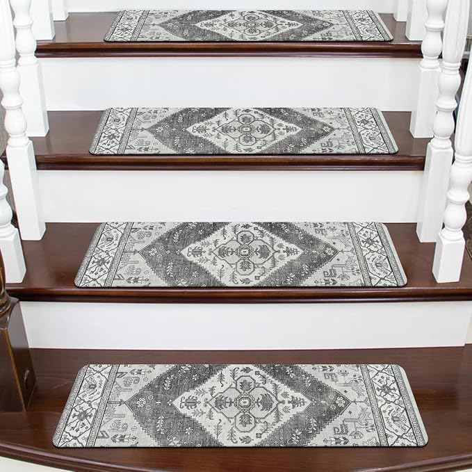 OJIA Extra Non-Slip Stair Treads for Wooden Steps Indoor 15PC Stair Runners | 30"X8" Slip Resistant Stair Rugs Safety Mats for Dogs, Kids & Elders, Rubber Backed Stair Treads Stair Covers, Gray