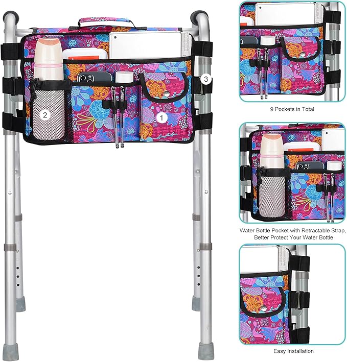 Walker Bag for Seniors-supregear Folding Walker Accessories Bag (Double Sided), Walker Basket Caddy Large Capacity Waterproof Tote with 9 Pockets and Cup Holder