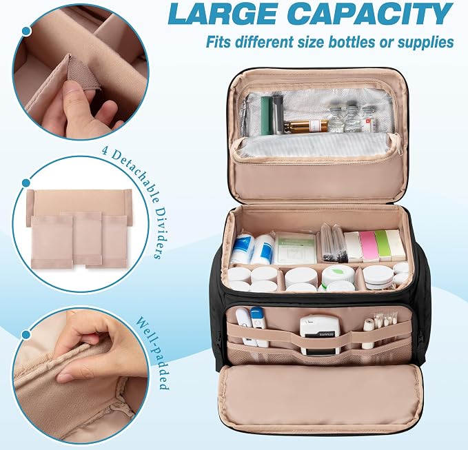 Marscamd Pill Bottle Organizer with Insulated Pocket, Black (BAG ONLY) | with 4 Customized Dividers & Padded Protection for Pill Bottles, Insulin and First Aid Supplies