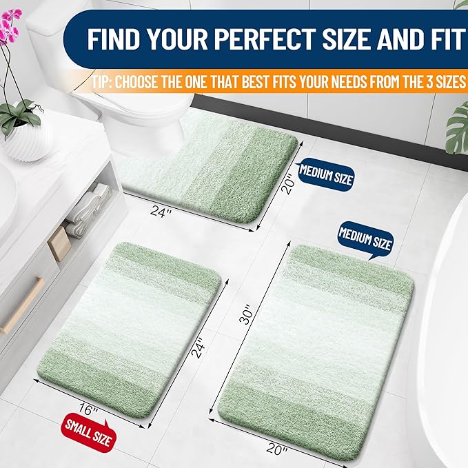OLANLY Bathroom Rug Set 2 Piece, Soft Absorbent Microfiber Bath Rug Set, Non-Slip, Machine Wash Dry, Plush Shaggy Bath Mats for Bathroom (30"x20"+24"x16", Sage Green)