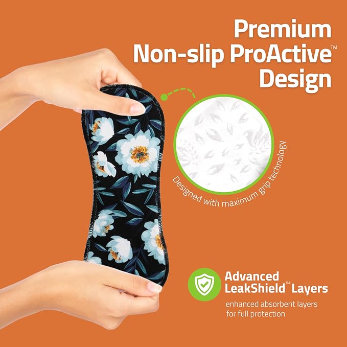 Non-Slip Reusable Incontinence Pads for Bladder Control (L+XL; 6-Pack); High Temp Washable Organic Cotton Cloth Pads with Quick Absorption & Odor Control; Soft & Non-Irritating for Sensitive Skin
