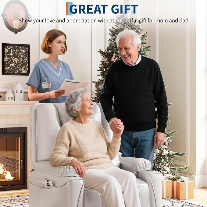 Recliner Chair, Electric Power Lift Chair with Remote, Stand Assist for Elderly, 3 Adjustable Positions, USB Charging Ports, Cup Holders, Side Storage Pockets, Comfortable Sofa for Living Room, White