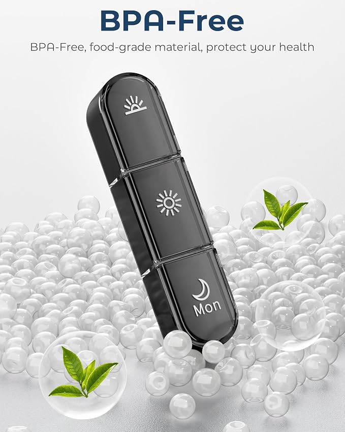 Windtrace Pill Organizer 3X a Day - Midnight Black Portable Pill Case | Easy Carry, 3x Daily, Fade-Proof, Bold Labels, Arthritis-Friendly, One-Handed, Spill-Proof, Double-Layer, ABS Shell