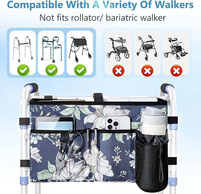 Rhino Valley Walker Bag, Multi Pockets Folding Walker Basket Tote Bag with Cup Holder, Hand-free Carry Pouch Storage Bag for Universal Walkers, Large Capacity Organizer for Seniors Elderly,Blue Cosmos