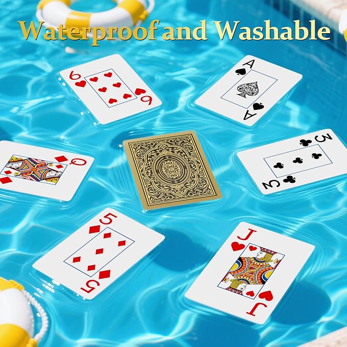 Plastic Playing Cards Waterproof Cards, Deck of Cards, Large Print Playing Cards for Adults Seniors, Premium Poker Card for Blackjack, Euchre, Canasta, Go Fish Card Games (Gold)