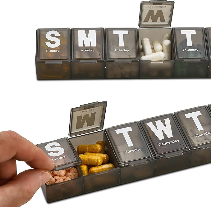 Weekly Pill Organizer - (Pack of 2) Extra Large Vitamin Container with Jumbo Easy to Read Letters, BPA Free - Daily Travel 7 Day Medication Pill Box Case, (Black)