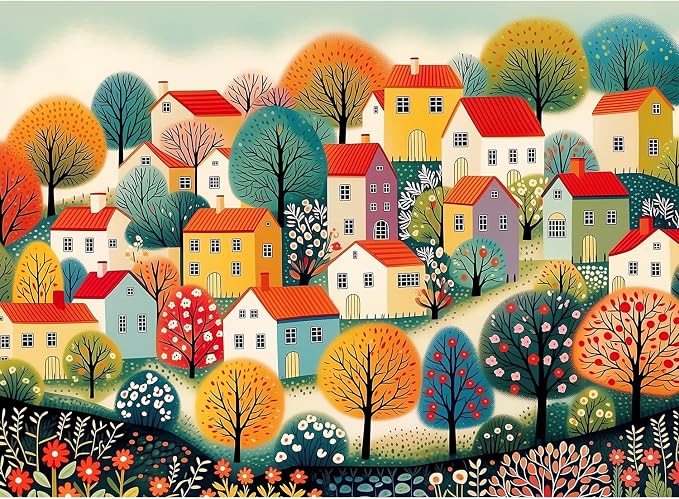 500 Piece Jigsaw Puzzle for Adults & Seniors, Colorful Folk Art Village with Charming Houses & Flowers, Brain Teaser Puzzle Game, Home Decor, Birthday Gift