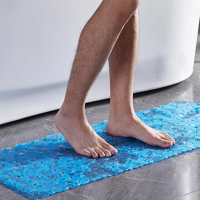 Bath Shower Mat Non Slip: Extra Large Pebble Bathtub mat for Families, Anti Slip Shower Matt with Drain Holes Suction Cups Tub Mat - 16 X 40 Inch Clear Blue