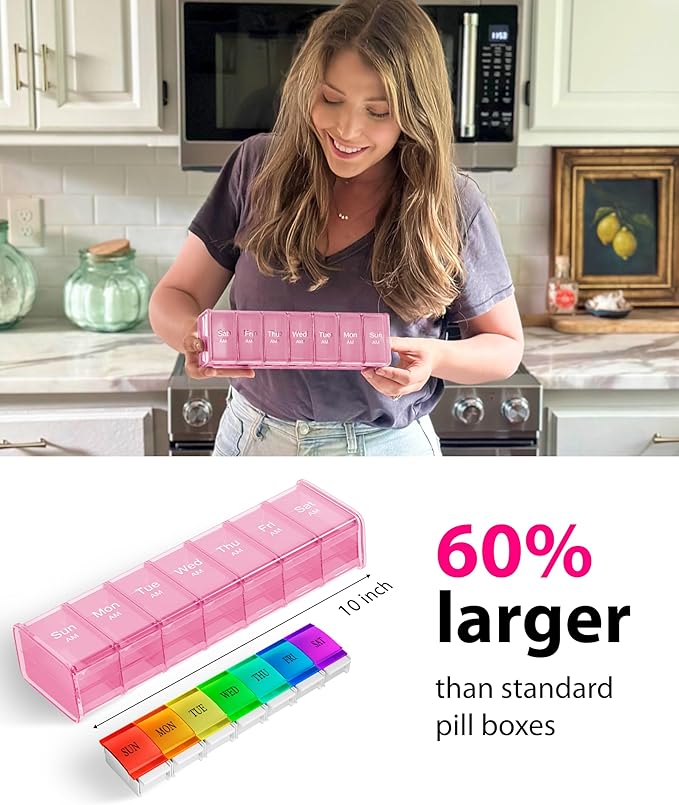 Extra Large Pill Organizer - XXL Vitamin Holder for Weekly Supplements - Double Sided Pill Box 7 Day with Big AM PM Compartments Huge Daily Medicine Dispenser 2 Times a Day Reliable and Easy-to-Use