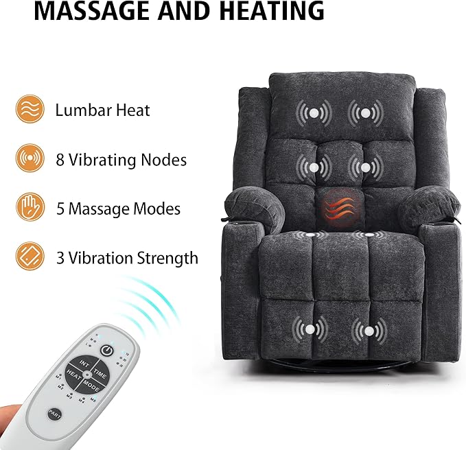 Ketaiyou Power Swivel Rocker Recliner Chair for Adults with Massage and Heat, USB and Type-C Ports, Infinite Position, Electric Glider Reclining Single Sofa Chair for Living Room (Dk Gray)