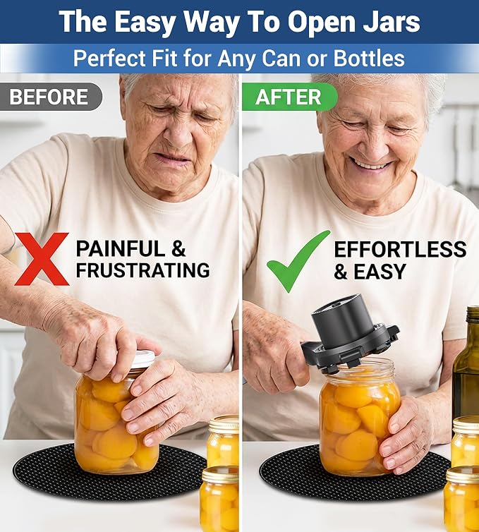 Electric Jar Opener for Seniors with Power-Clamp Technology, 2-in-1 Patent Automatic Jar & Bottle Opener Rechargeable 800mAh Hands-Free Opener with Bonus Anti-Slip Gripper Pad for Beer, Dressing, Jar