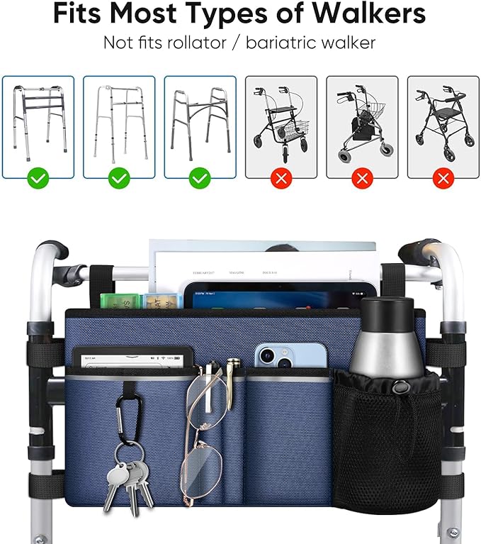 FINPAC Large Walker Tote Bag with Cup Holder, Folding Walker Attachment Hands-Free Storage Basket Mobility Aid Accessory Pouch for Elderly, Senior, Navy Blue