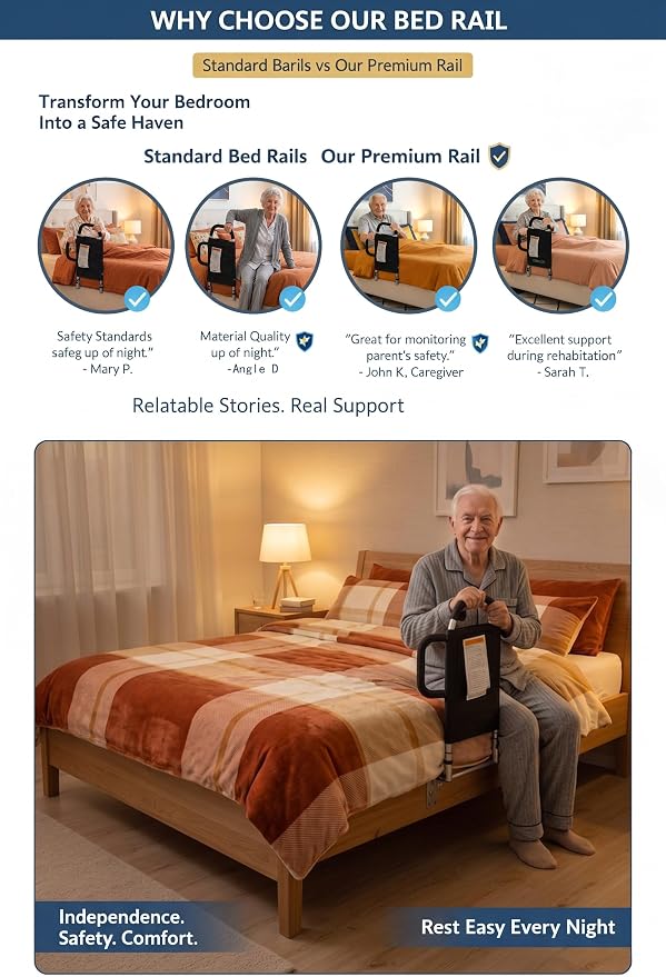 Bed Rails for Elderly Adults, Bed Assist Rail with Dual Padded Handles & Storage Pocket, 300 lbs Capacity, Fits Twin Queen King Beds, Tool-Free Assembly, Black