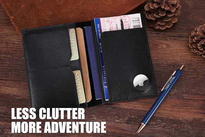 STAR VISTA Albatross Leather Travel Passport Holder, Minimalist Design, Calfskin Leather Case for Women and Men - Slim Passport Wallet, Bifold, RFID Blocking, with AirTag Holder, Black