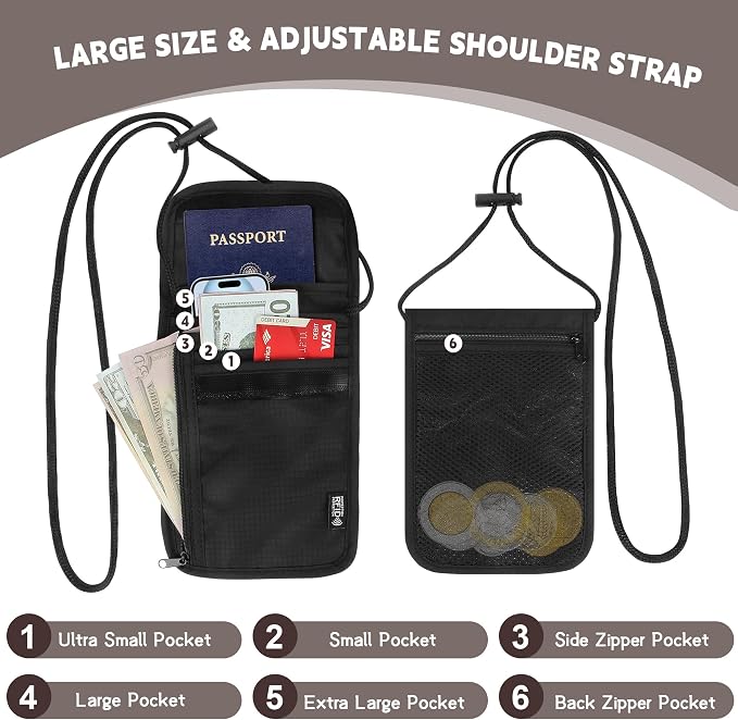 Likesing 5.5" L x 7.9" W Travel Neck Wallet, RFID Passport Holder (Black) | RFID Blocking Passport Holder for Travel, Security Lightweight Passport Travel Wallet, Neck Pouch Gifts for Women Men
